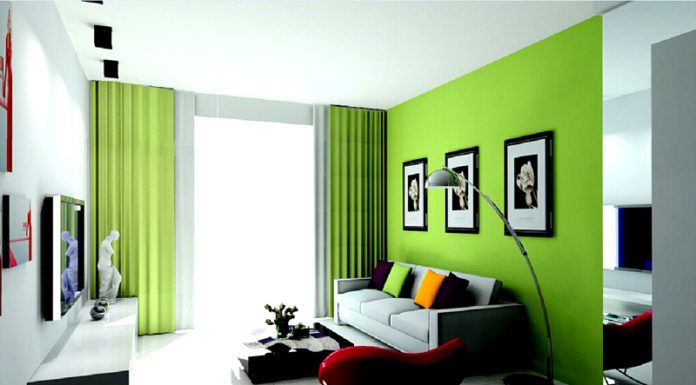 Зеленая гостиная приемлет сочетания зеленых, голубых и голубых оттенков. Такой дизайн хорошо влияет на нервную систему обитателей помещения. Поддержку оттенкам зеленого можно сделать с помощью комнатных цветов